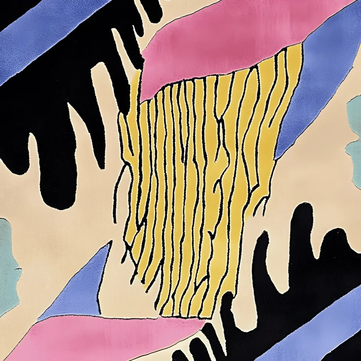 A vibrant and contemporary hand tufted area rug featuring an abstract design with bold colors including black, pink, blue, and yellow. This wool rug is perfect for adding a touch of modern art to large living room spaces.