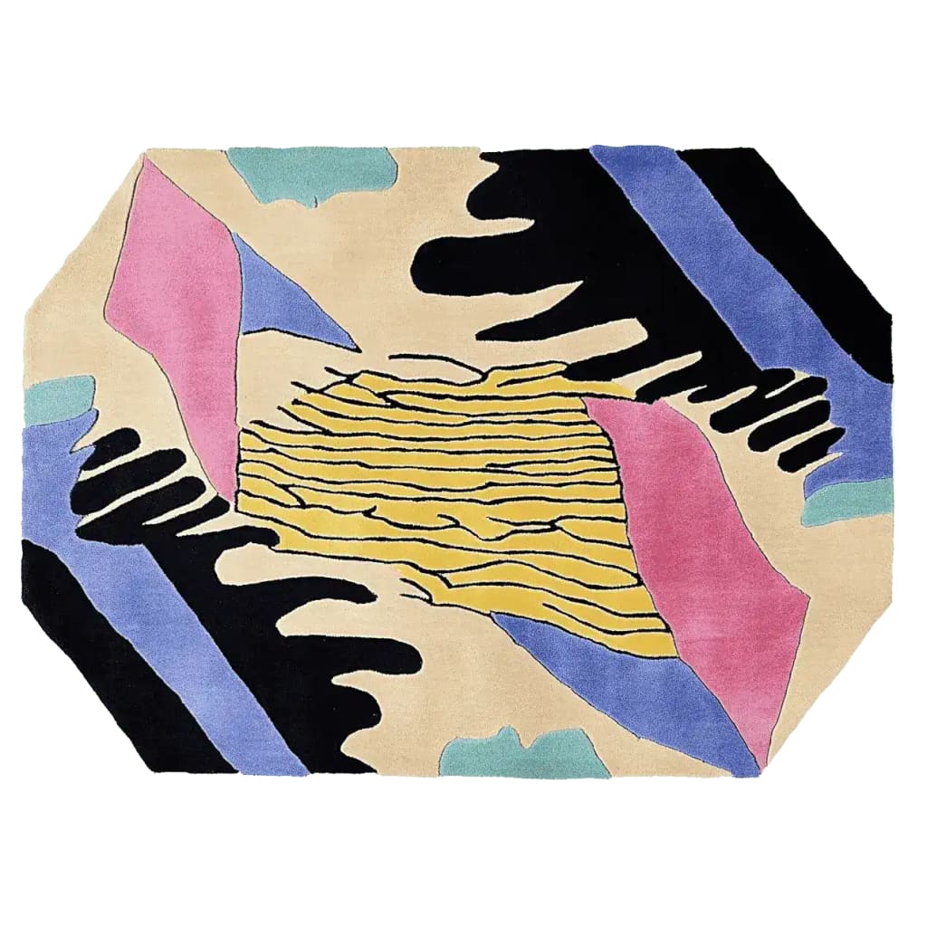 This contemporary area rug features a vibrant abstract design with bold splashes of yellow, pink, and blue, perfect for adding a modern touch to any living room. Crafted from high-quality wool, this large living room rug combines durability with style, making it an ideal choice for those seeking both function and flair in a hand-tufted wool rug.