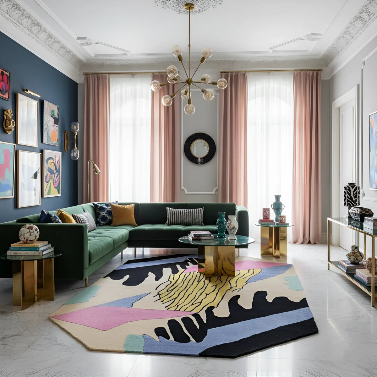 Modern living room with a green sofa, colorful rug, and decorative elements.