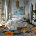 A beautifully styled bedroom featuring the Lush Petal Elysium Hand Tufted Area Rug, perfect for living room rugs 8x10 or dining room carpets. This contemporary floral rug with vibrant colors adds a vintage touch to the room, complementing the elegant decor and cozy wool texture.