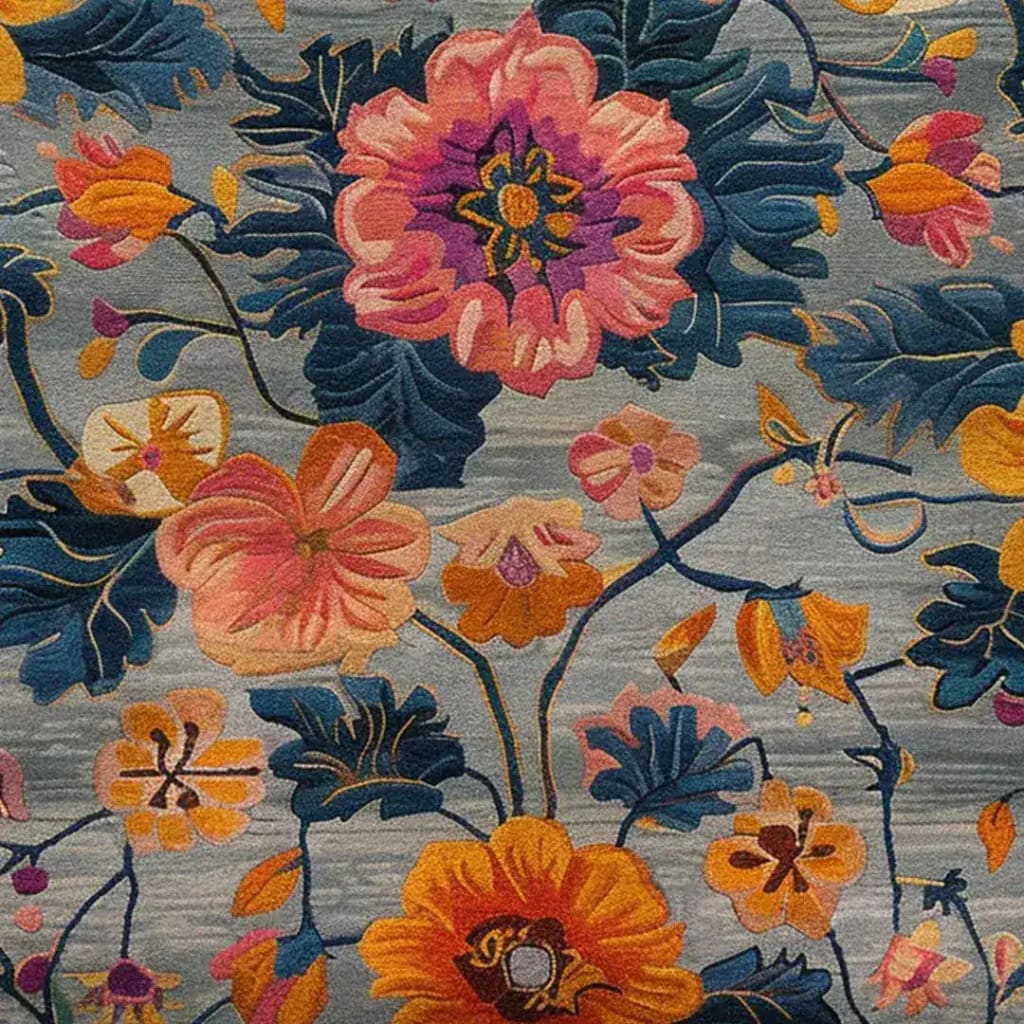 A close-up of the Lush Petal Elysium Hand Tufted Area Rug, showcasing its intricate floral pattern in vibrant shades of pink, orange, and blue. This contemporary wool rug is perfect for adding a touch of vintage charm to dining rooms or living room spaces. Ideal as an 8x10 living room rug or dining room carpet, it brings elegance and warmth to any setting.