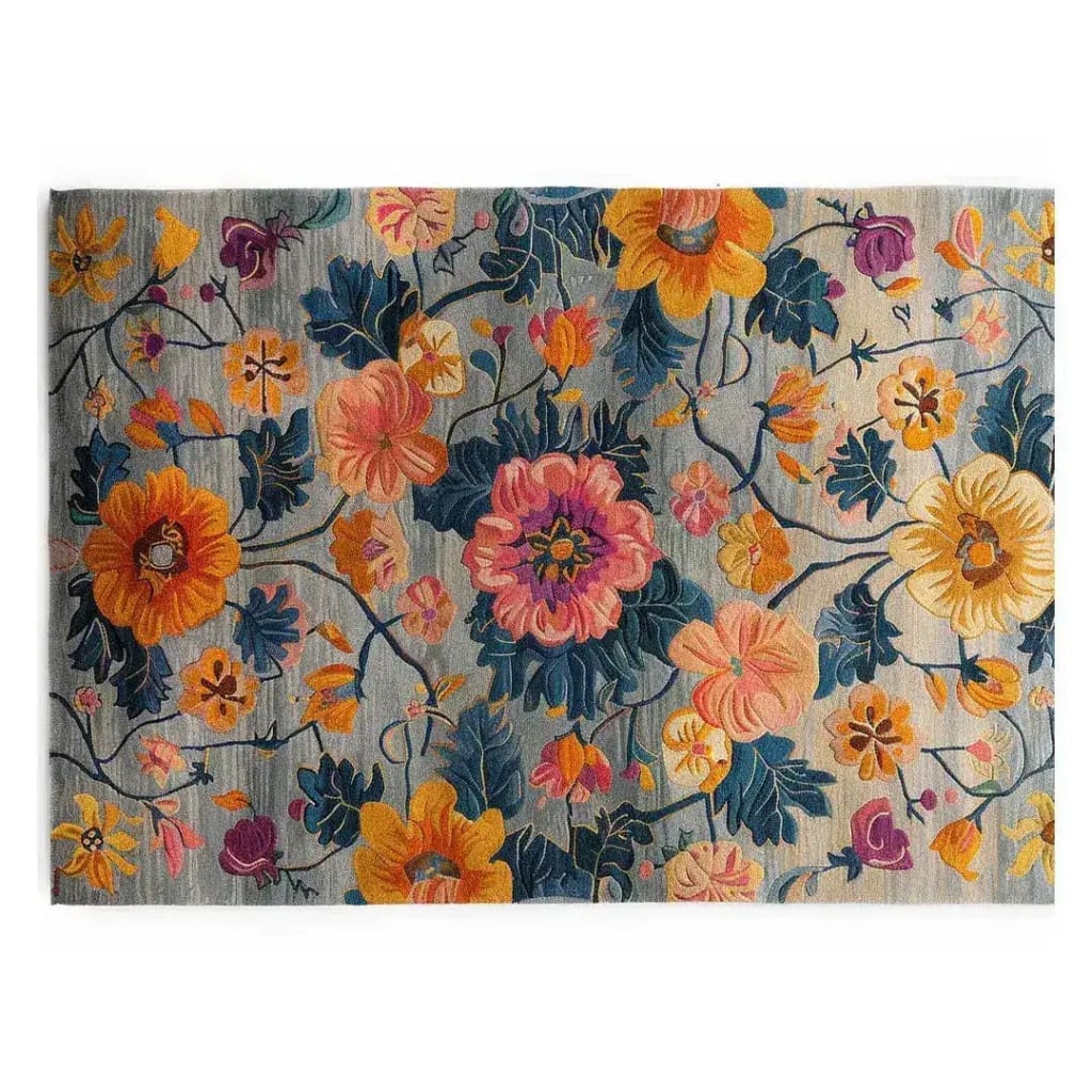 The Lush Petal Elysium Hand Tufted Area Rug features a vibrant floral design with rich hues of pink, yellow, and blue on a soft background. Perfect for adding a touch of elegance to dining rooms or as a centerpiece in living room rugs 8x10. This contemporary wool rug combines vintage charm with modern aesthetics, making it an ideal choice for dining room carpets.