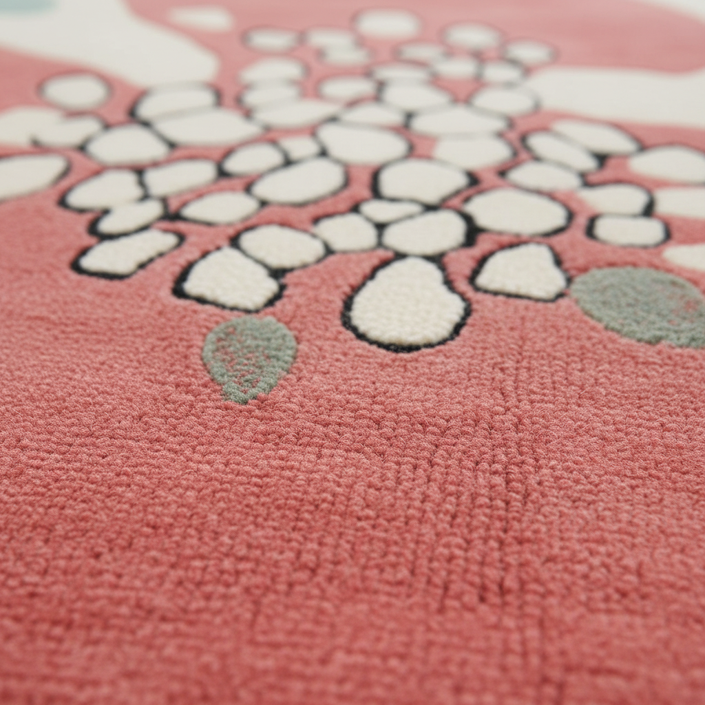 Close-up of a pink textured surface with white floral patterns wool rug
