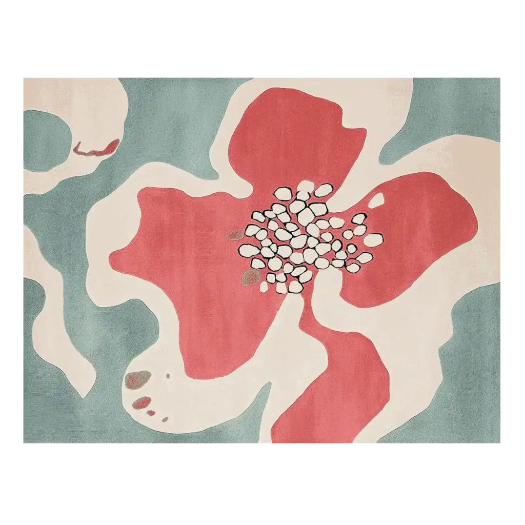 Top view of the Lush Petal Mirage Hand Tufted Rug, featuring a striking abstract floral design with bold red and white petals against a calming blue background. Ideal for those seeking a contemporary rug, this wool area rug is perfect for adding a touch of elegance to living room spaces, especially in the popular 8x10 size.