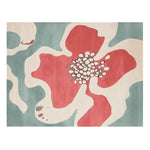 Top view of the Lush Petal Mirage Hand Tufted Rug, featuring a striking abstract floral design with bold red and white petals against a calming blue background. Ideal for those seeking a contemporary rug, this wool area rug is perfect for adding a touch of elegance to living room spaces, especially in the popular 8x10 size.