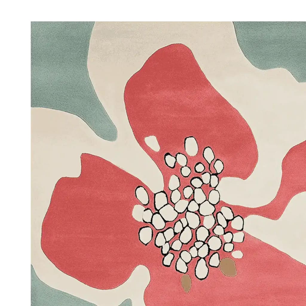 Vibrant contemporary wool area rug featuring a large abstract floral design in red, cream, and teal. Perfect for adding a pop of color to living room spaces, especially in an 8x10 size.