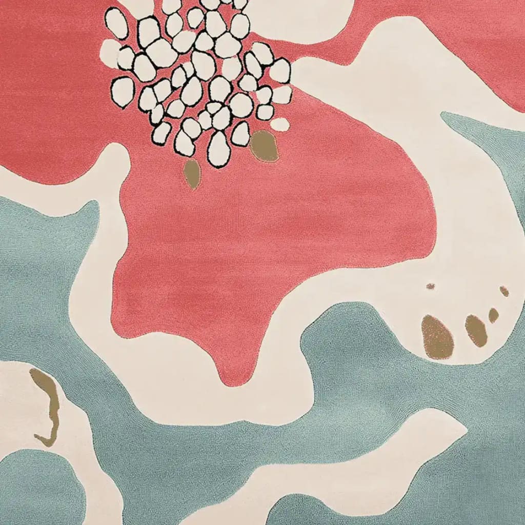 Top view of the Lush Petal Mirage Hand Tufted Area Rug showcasing its contemporary abstract design with vibrant pink and blue hues, crafted from high-quality wool. This 8x10 living room rug adds a modern flair to any space, making it an ideal choice for area rugs in living rooms.