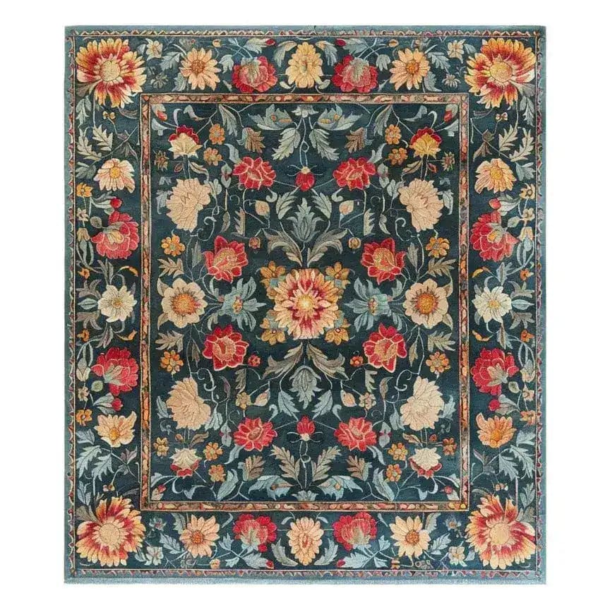 The Lush Petals Hand Tufted Rug is an exquisite area rug, perfect for enhancing your dining room or living room with its vibrant floral design. This vintage wool rug showcases an intricate pattern of red, yellow, and cream flowers against a rich blue background, creating a stunning centerpiece for any living room and dining room setting.