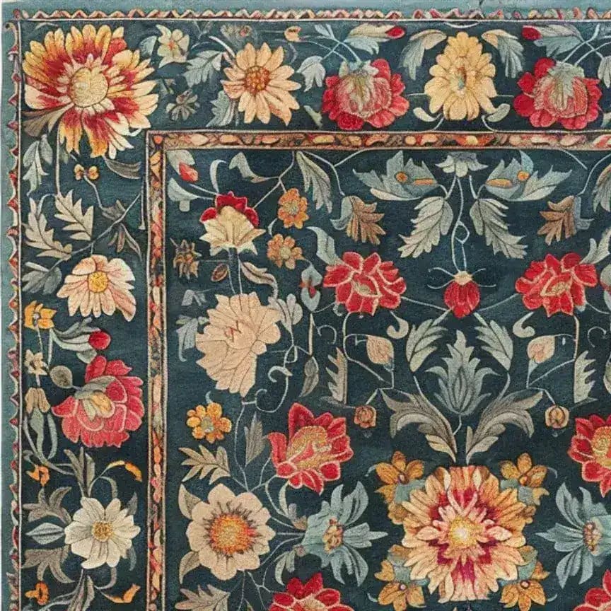 Close-up view of the Lush Petals Hand Tufted Area Rug, showcasing its intricate floral design in vibrant reds, yellows, and greens against a rich teal background. Perfect for adding a touch of vintage elegance to living room or dining room spaces, this wool rug exudes warmth and style.