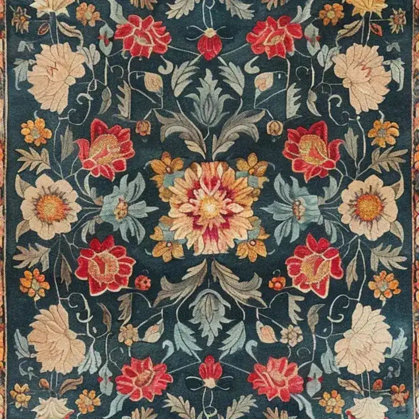 This vibrant Lush Petals Hand Tufted Area Rug showcases a stunning floral design in rich reds, yellows, and blues against a dark background. Perfect for adding a vintage touch to your living room or dining room, this wool rug enhances any space with its intricate patterns and warm hues.