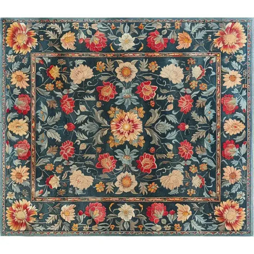 The Lush Petals Hand Tufted Rug showcases a vibrant floral design with rich red, yellow, and cream tones on a deep teal background. This wool area rug is perfect for adding a vintage touch to your living room or dining room, combining elegance and warmth.