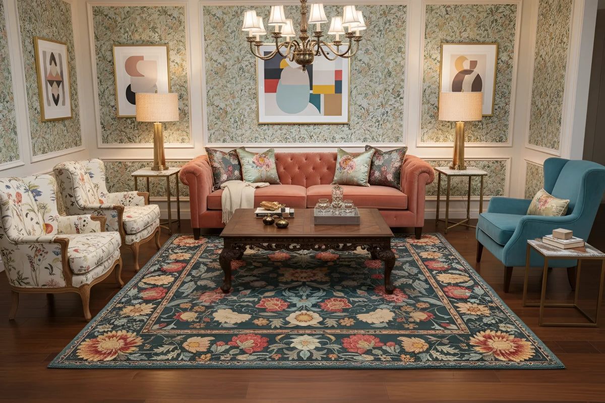 Lush Petals rug in formal living room, dark teal ground with large pink, gold, red floral blooms and ornate border