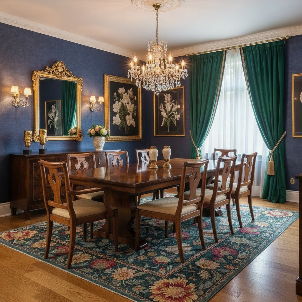 Lush Petals rug in formal navy dining room, teal floral ground under dark wood dining table with crystal chandelier