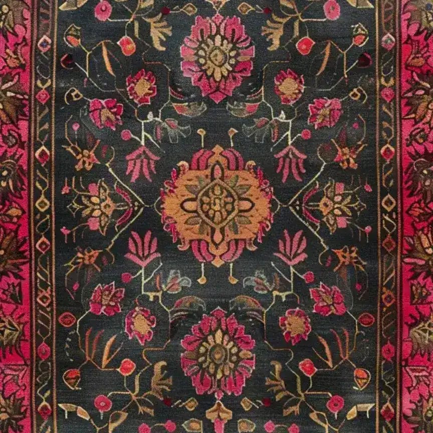 A beautifully intricate Luxe Crimson Labyrinth Hand Knotted Area Rug showcasing a vintage floral design. The rug features vibrant crimson and gold floral patterns on a dark background, ideal for adding elegance to any living room space. Perfect for those seeking 8x10 Persian rugs that blend traditional charm with modern aesthetics.