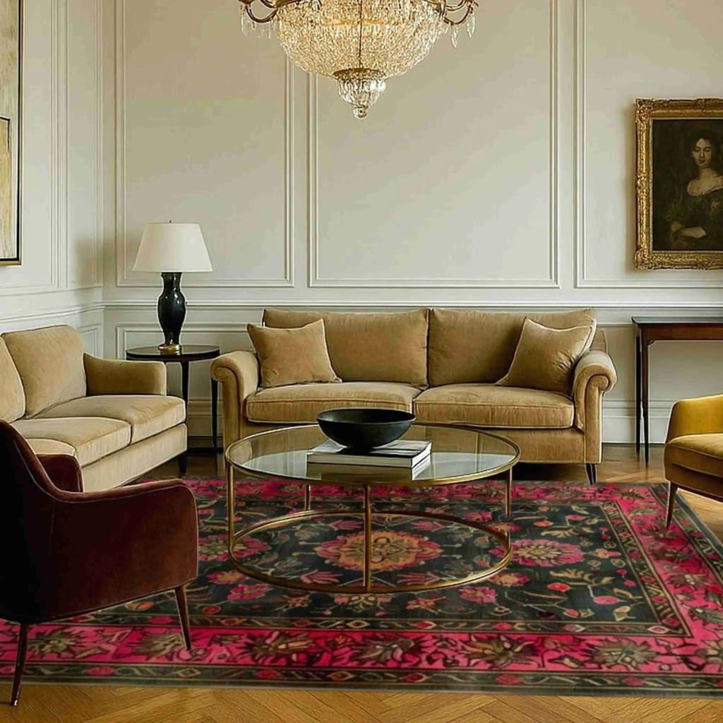 Elegant living room featuring the Luxe Crimson Labyrinth Hand Knotted Area Rug. This vintage floral rug, perfect for an 8x10 space, boasts rich crimson hues and intricate Persian design patterns, adding a touch of luxury and warmth to the room.