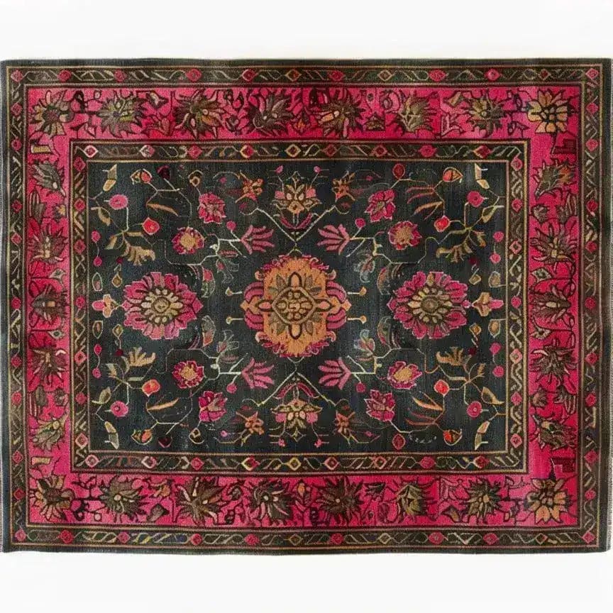 Luxe Crimson Labyrinth Hand Knotted Area Rug featuring a vintage floral design with rich red and dark tones. Perfect as a Persian-style rug for living room spaces, available in 8x10 size. This elegant rug brings a classic touch to any home decor.