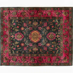 Luxe Crimson Labyrinth Hand Knotted Area Rug featuring a vintage floral design with rich red and dark tones. Perfect as a Persian-style rug for living room spaces, available in 8x10 size. This elegant rug brings a classic touch to any home decor.