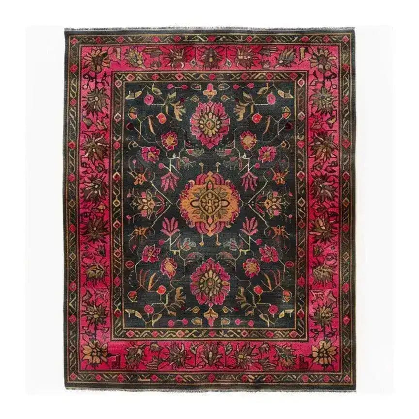 Luxe Crimson Labyrinth Hand Knotted Area Rug featuring a vibrant floral design with intricate patterns, reminiscent of vintage Persian rugs. This 8x10 living room rug showcases a rich crimson and black color palette, perfect for adding elegance to any space.