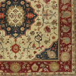 A beautifully crafted Luxe Floral Medallion Hand Knotted Area Rug, showcasing intricate floral patterns with a vintage touch. This square area rug, ideal for living room spaces measuring 8x10, features a rich combination of deep reds, blues, and earthy tones, embodying the elegance of Persian rugs. Made from high-quality wool, this floral rug adds a timeless charm to any living room setting.