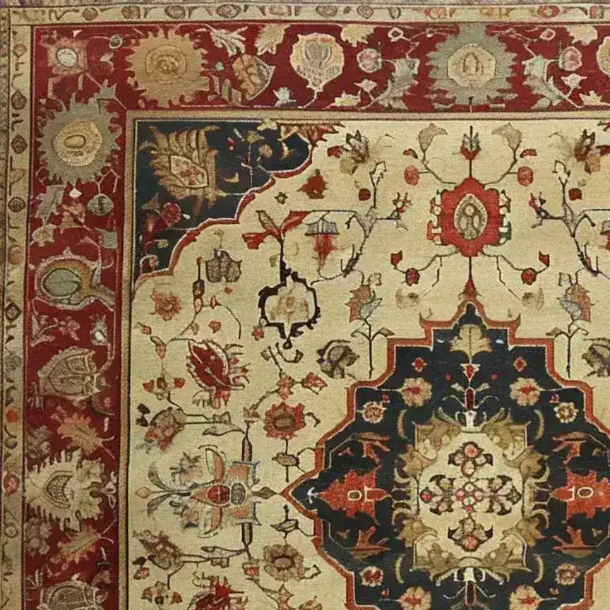 Close-up of a Luxe Floral Medallion Hand Knotted Area Rug showcasing intricate floral patterns in rich colors. This square area rug is perfect for living rooms, measuring 8x10, and features a vintage Persian design. Made from high-quality wool, this rug adds elegance and warmth to any space.