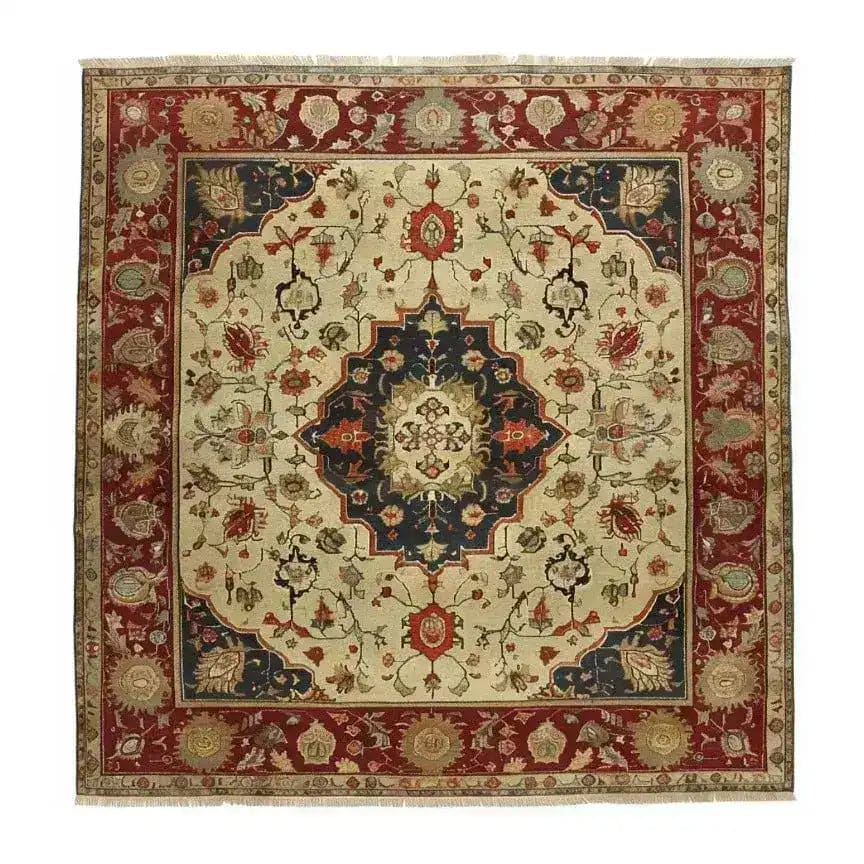 Luxe Floral Medallion Hand Knotted Area Rug showcasing a stunning vintage Persian design. This square rug, perfect for living rooms, features intricate floral patterns in rich colors, ideal as an 8x10 wool rug centerpiece.