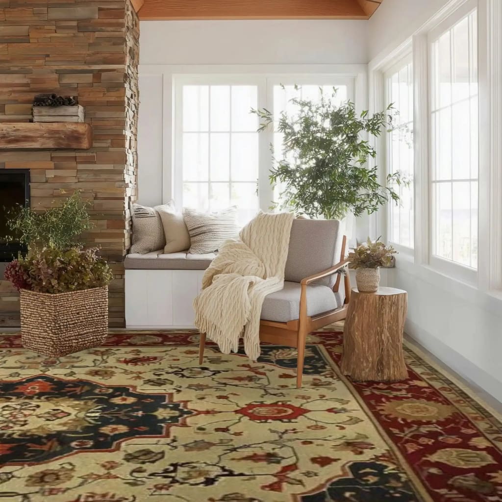 Cozy living room with a fireplace, persian rug, armchair, and decorative rug.