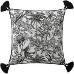 Luxe jungle safari throw pillow featuring a detailed design with tigers, leopards, and parrots surrounded by lush tropical foliage.
