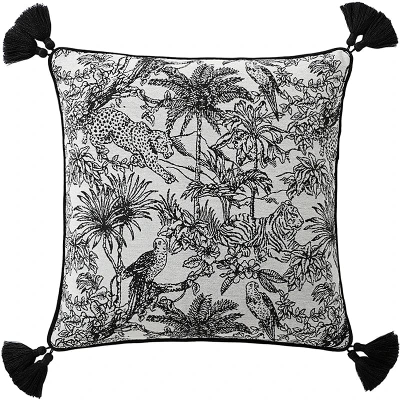 Luxe jungle safari throw pillow featuring a detailed design with tigers, leopards, and parrots surrounded by lush tropical foliage.