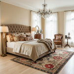 Luxurious bedroom with a large bed, decorative pillows, and a chandelier.