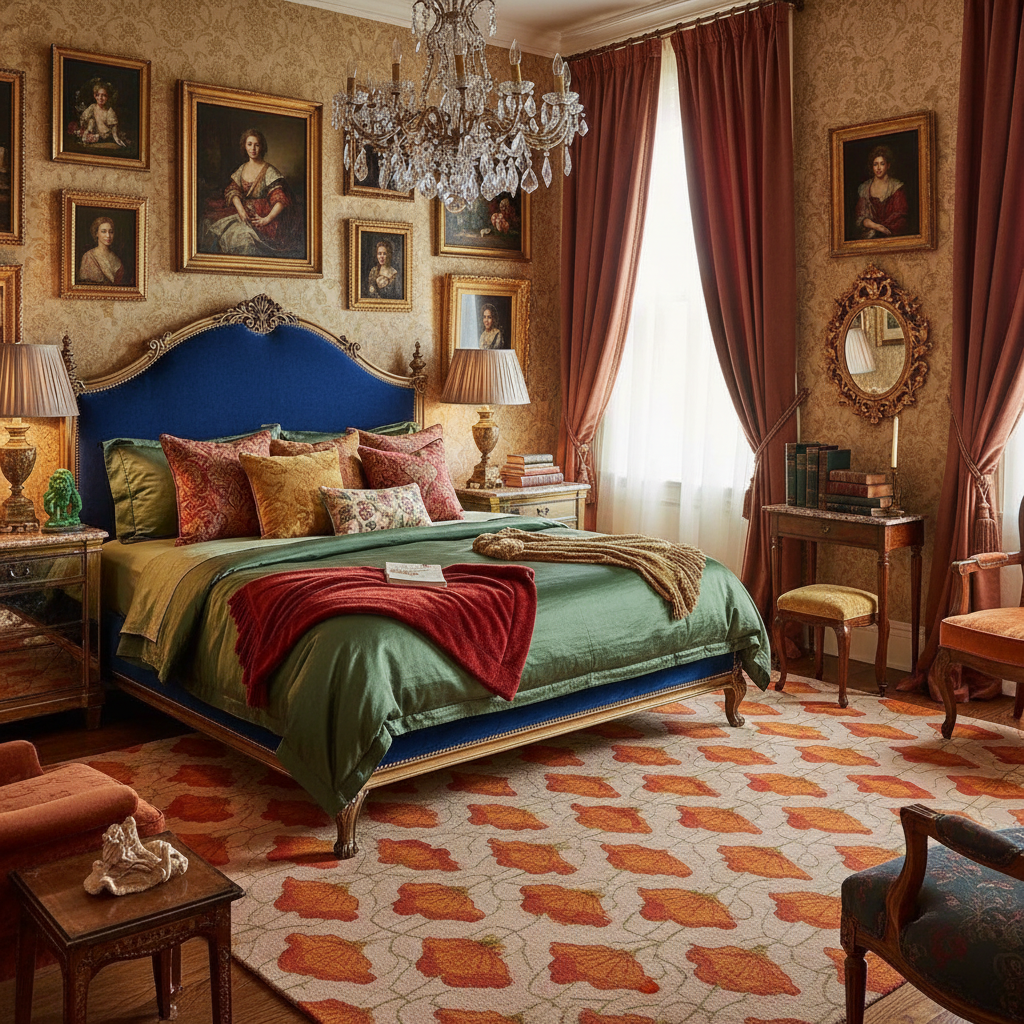 Luxurious bedroom with ornate bed, chandelier, and patterned carpet.