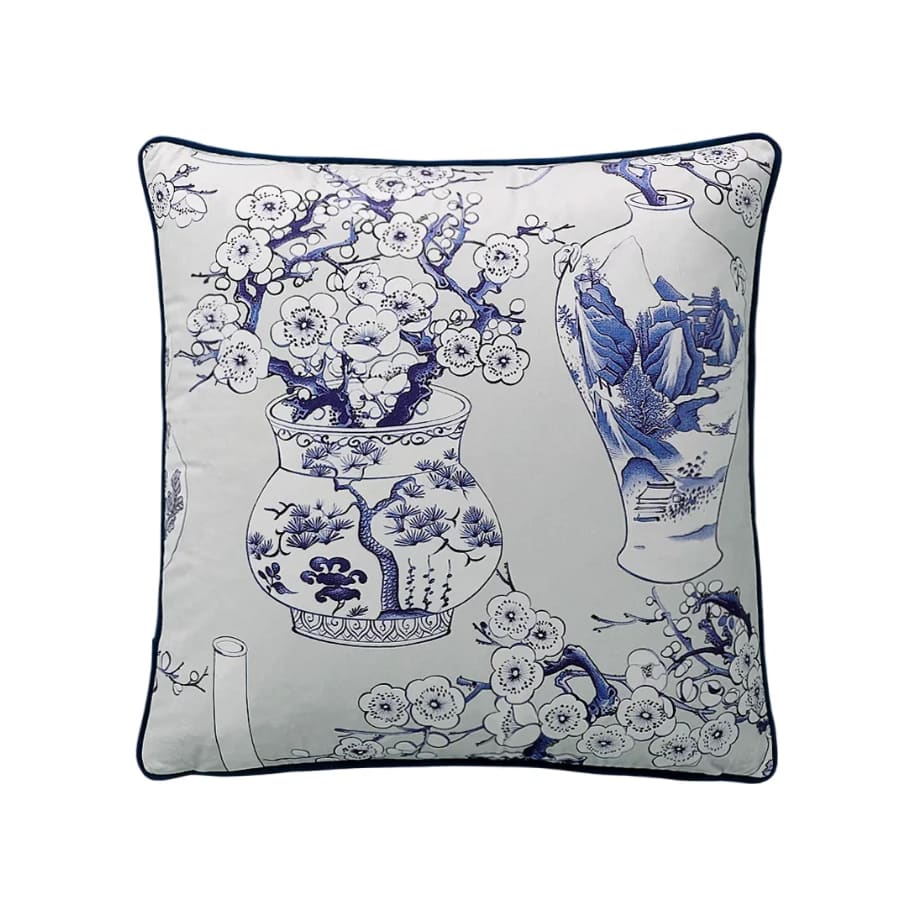Luxurious blue and white oriental vase decorative throw pillow cover featuring intricate floral and vase designs.