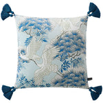 Luxurious throw pillow featuring a crane and pine tree design with decorative tassels, perfect for home decor