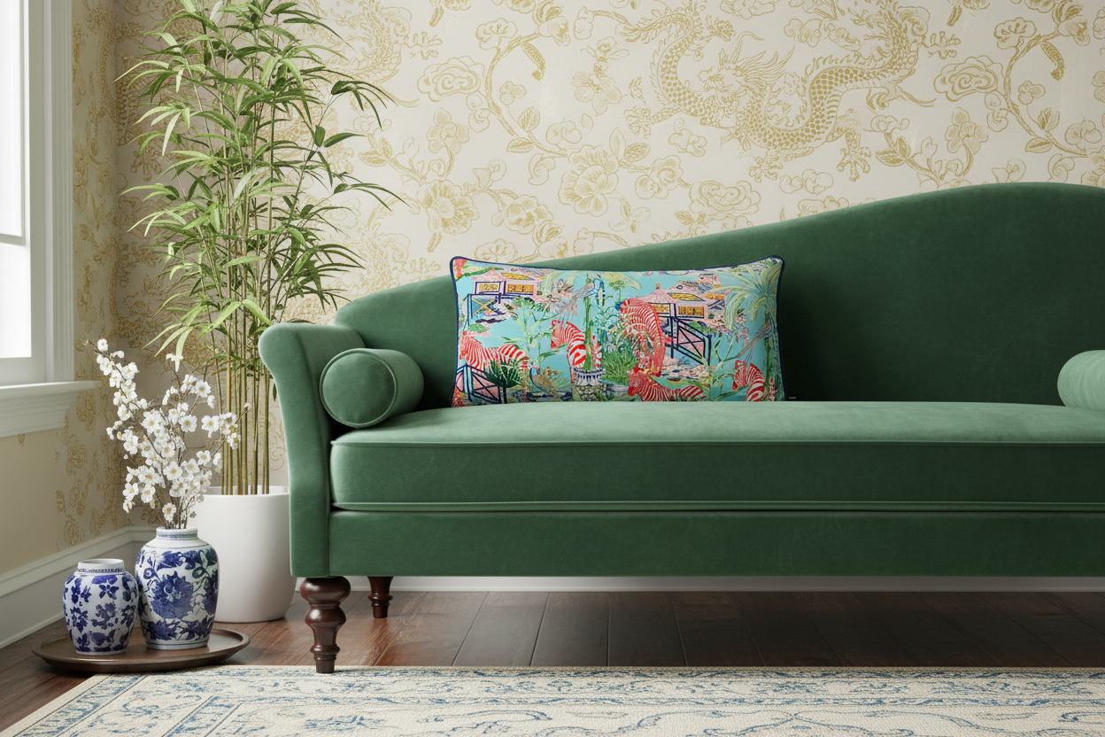 Green sofa with a colorful pillow in a room with decorative wallpaper and plants.