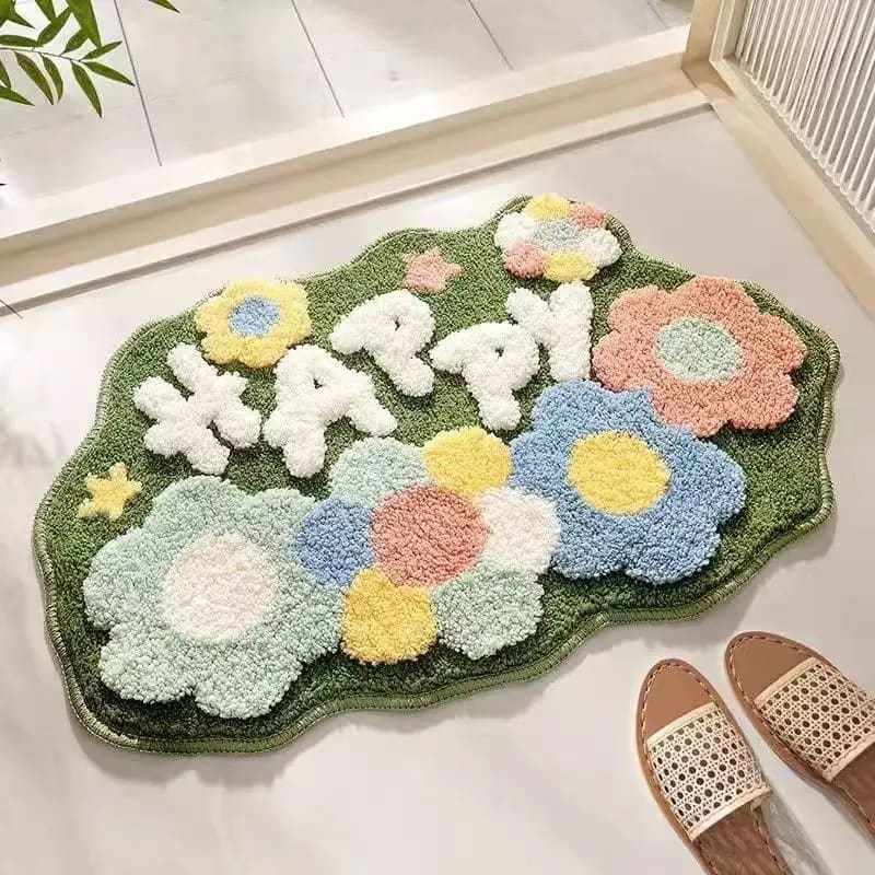 Luxurious Floral "Happy" Tufted Bath Mat