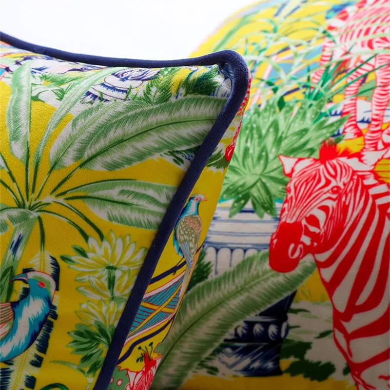 Colorful throw pillow featuring a luxurious lemon design with zebra and tropical motifs, perfect for adding a vibrant touch to any decor.