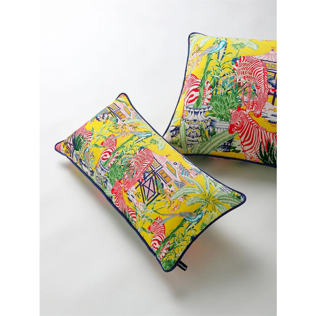 Luxurious throw pillow featuring a vibrant lemon pagoda and zebra design, perfect for adding a tropical touch to any decor.