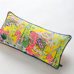 Luxurious throw pillow featuring a vibrant lemon yellow background adorned with intricate zebra and pagoda designs, perfect for adding a pop of color to any decor.