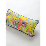 Luxurious lemon throw pillow featuring a vibrant pagoda and zebra design surrounded by tropical foliage