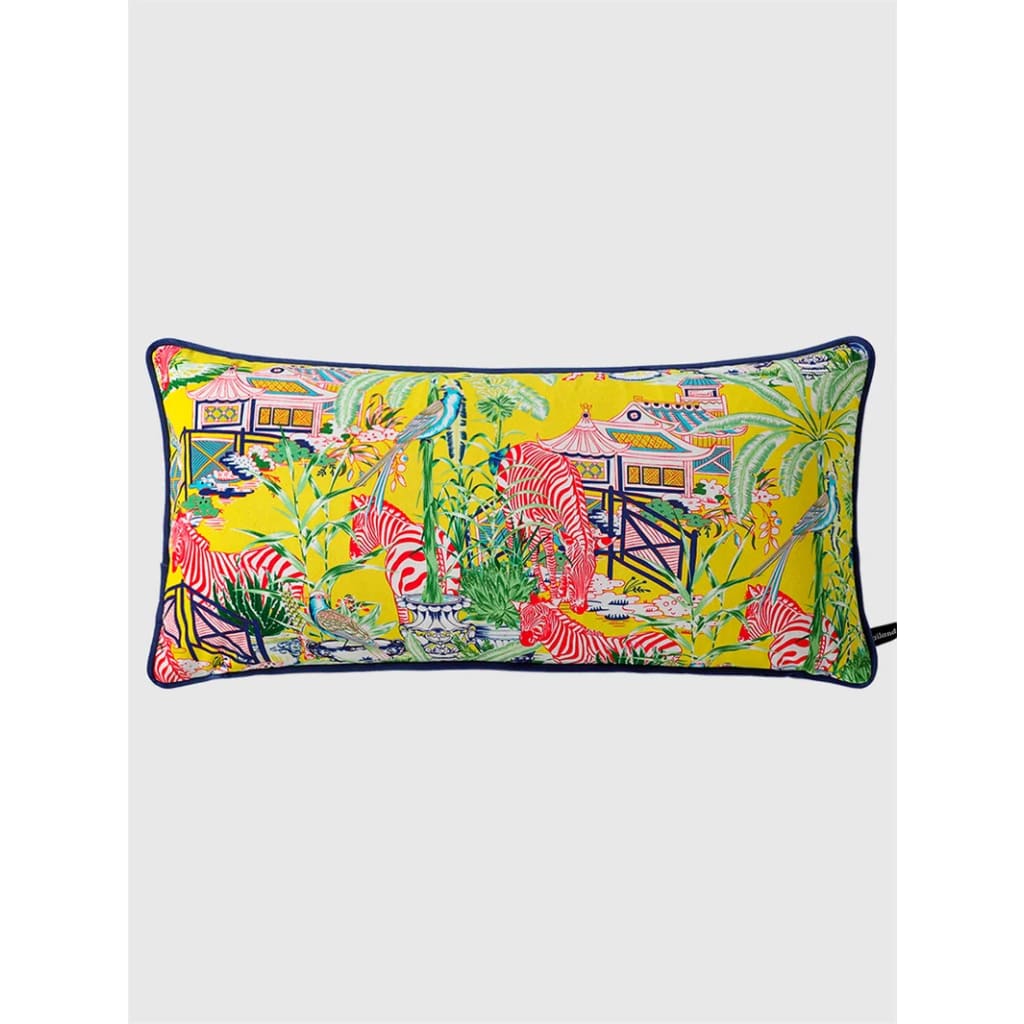 Luxurious throw pillow featuring a vibrant lemon yellow background with intricate pagoda and zebra designs, perfect for adding a pop of color and exotic flair to any home decor.