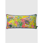 Luxurious throw pillow featuring a vibrant lemon yellow background with intricate pagoda and zebra designs, perfect for adding a pop of color and exotic flair to any home decor.