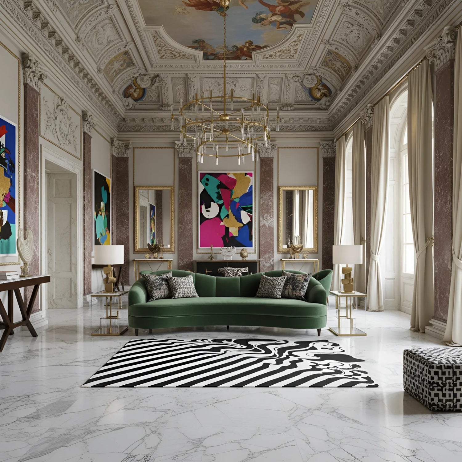Luxurious living room with a green sofa, an abstract wool rug, colorful artwork, and marble floor.