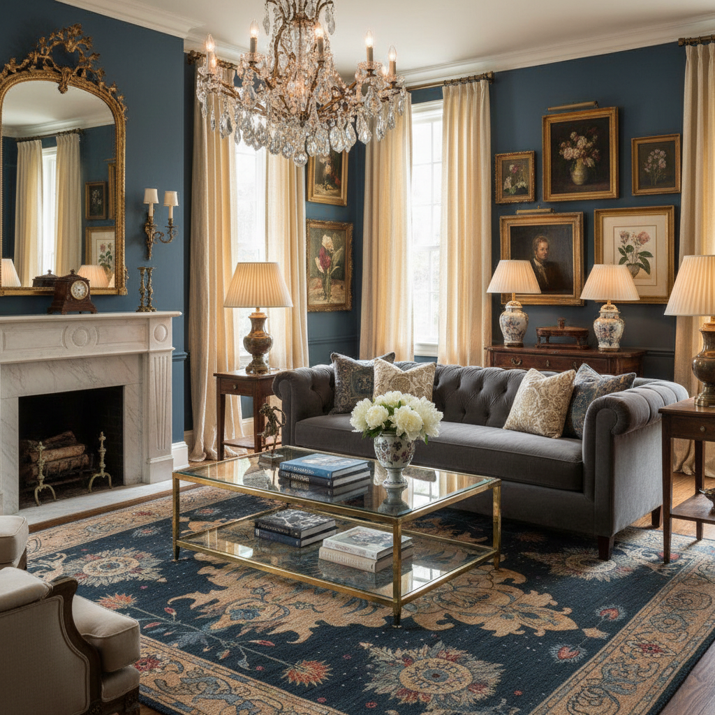 Luxurious living room with dark blue walls, gray sofa, an abstract traditional wool rug, and decorative elements.