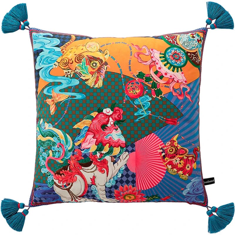 Luxurious throw pillow featuring an Oriental fantasy design with a guardian lion and festive elephant, adorned with colorful patterns and tassels.