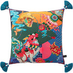 Luxurious throw pillow featuring an Oriental fantasy design with a guardian lion and festive elephant, adorned with colorful patterns and tassels.