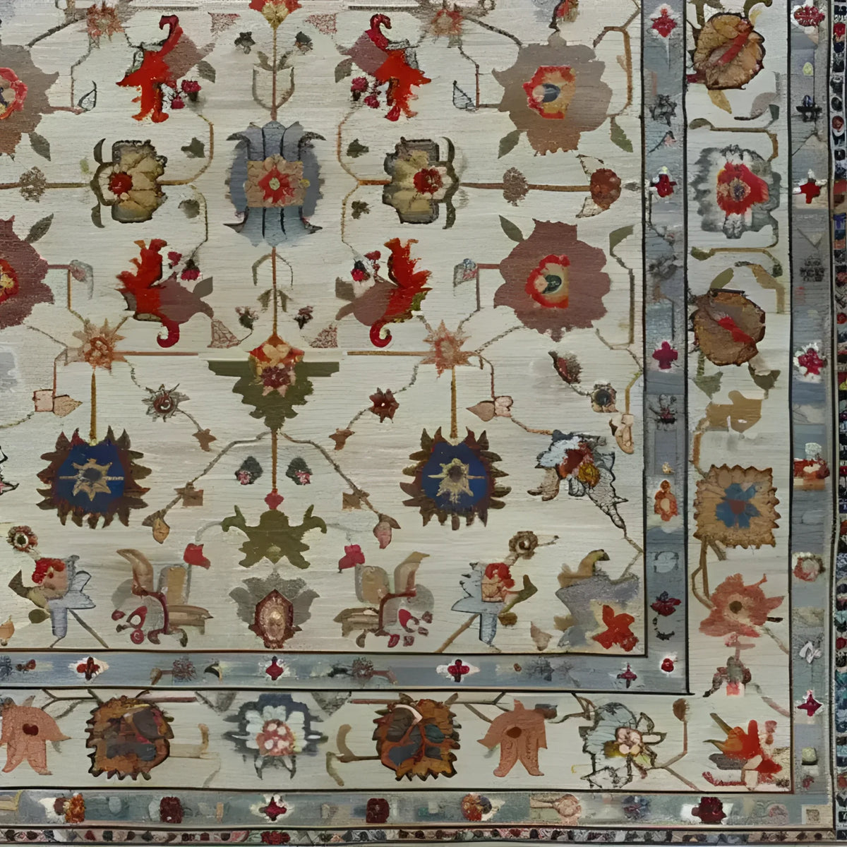 Luxurious Petal Weave Hand Knotted Area Rug featuring an intricate floral design with vibrant colors, evoking a vintage Persian rug style. Perfect for adding a touch of elegance to living rooms, this 8x10 floral rug showcases detailed patterns and a rich tapestry of hues.