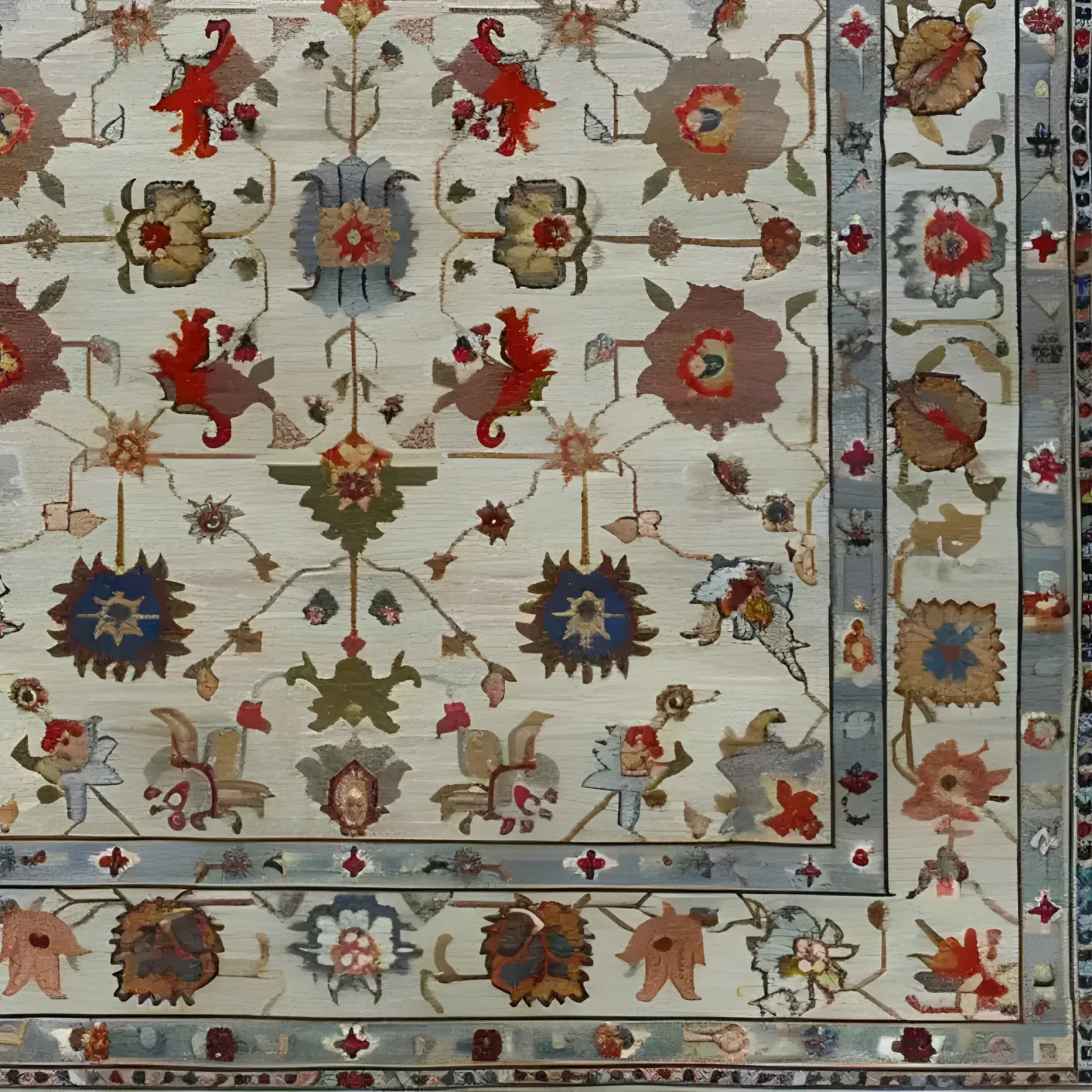 Luxurious Petal Weave Hand Knotted Area Rug featuring an intricate floral design with vibrant colors, evoking a vintage Persian rug style. Perfect for adding a touch of elegance to living rooms, this 8x10 floral rug showcases detailed patterns and a rich tapestry of hues.
