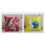 Luxurious tropical throw pillow featuring vibrant cockatoo and floral patterns, perfect for accenting any living space.