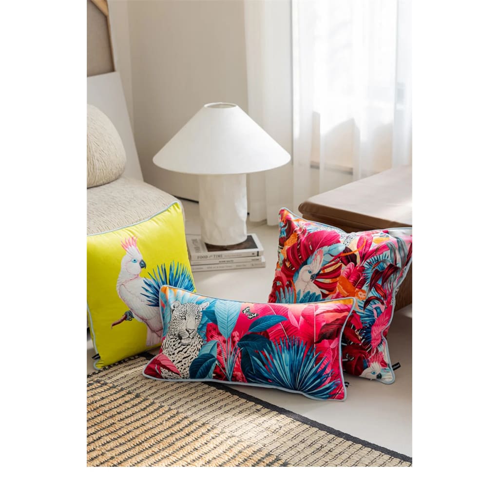 Luxurious throw pillow featuring vibrant tropical cockatoo design, perfect for adding a pop of color to any living space.