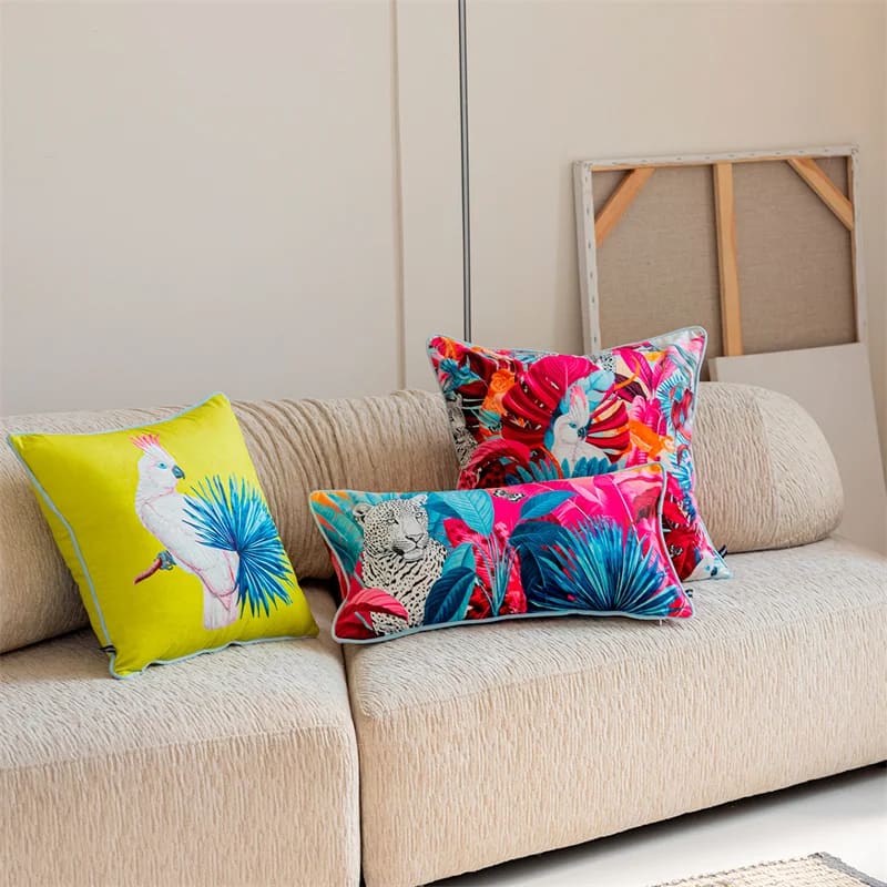 Luxurious tropical cockatoo accent throw pillow cover featuring vibrant colors and exotic designs, perfect for home decor.