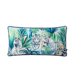 Luxurious throw pillow featuring white tigers surrounded by lush jungle foliage, perfect for adding a touch of elegance to any decor.